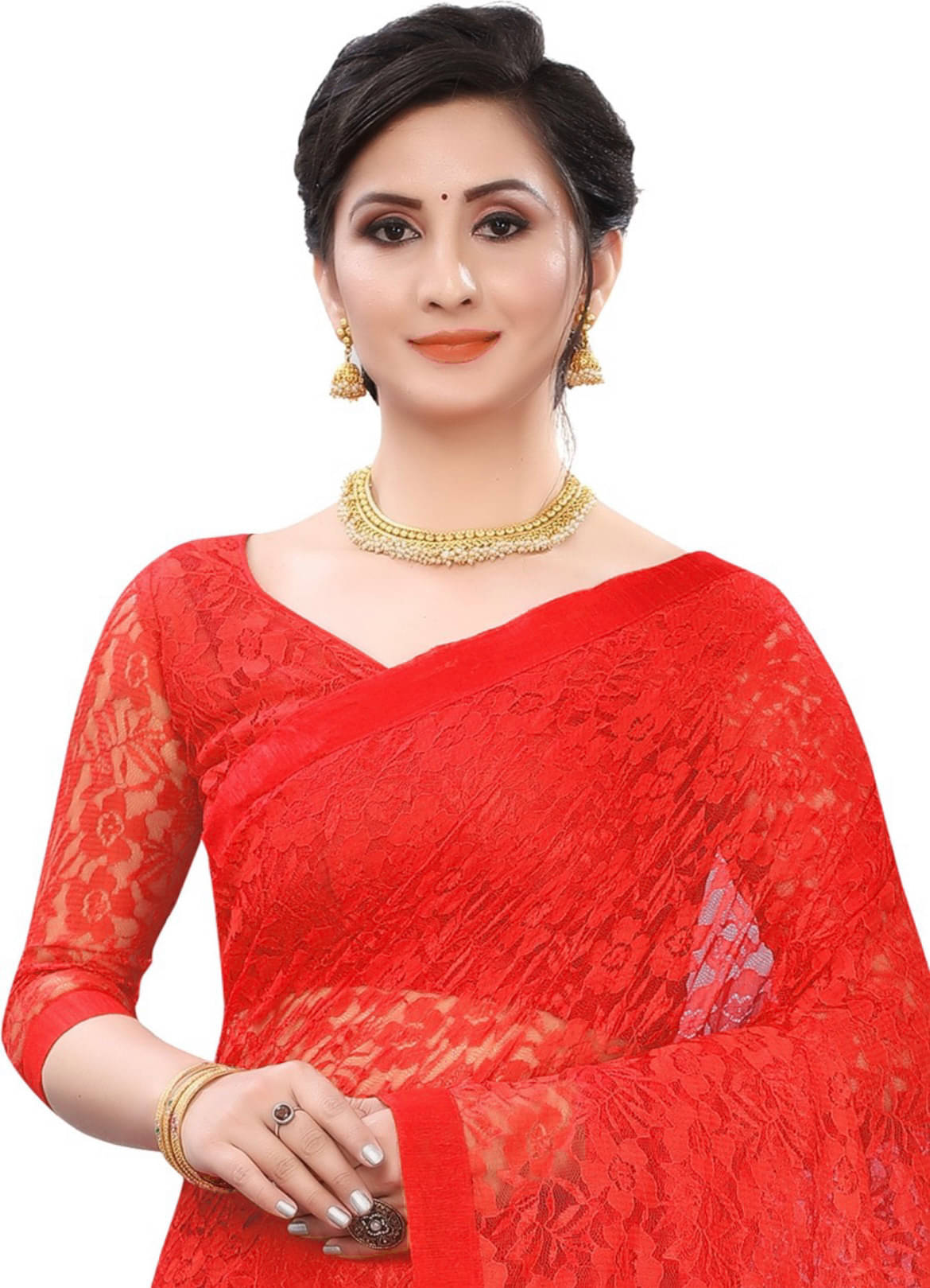     			Saadhvi Net Embellished Saree With Unstitched Blouse Piece ( Red )