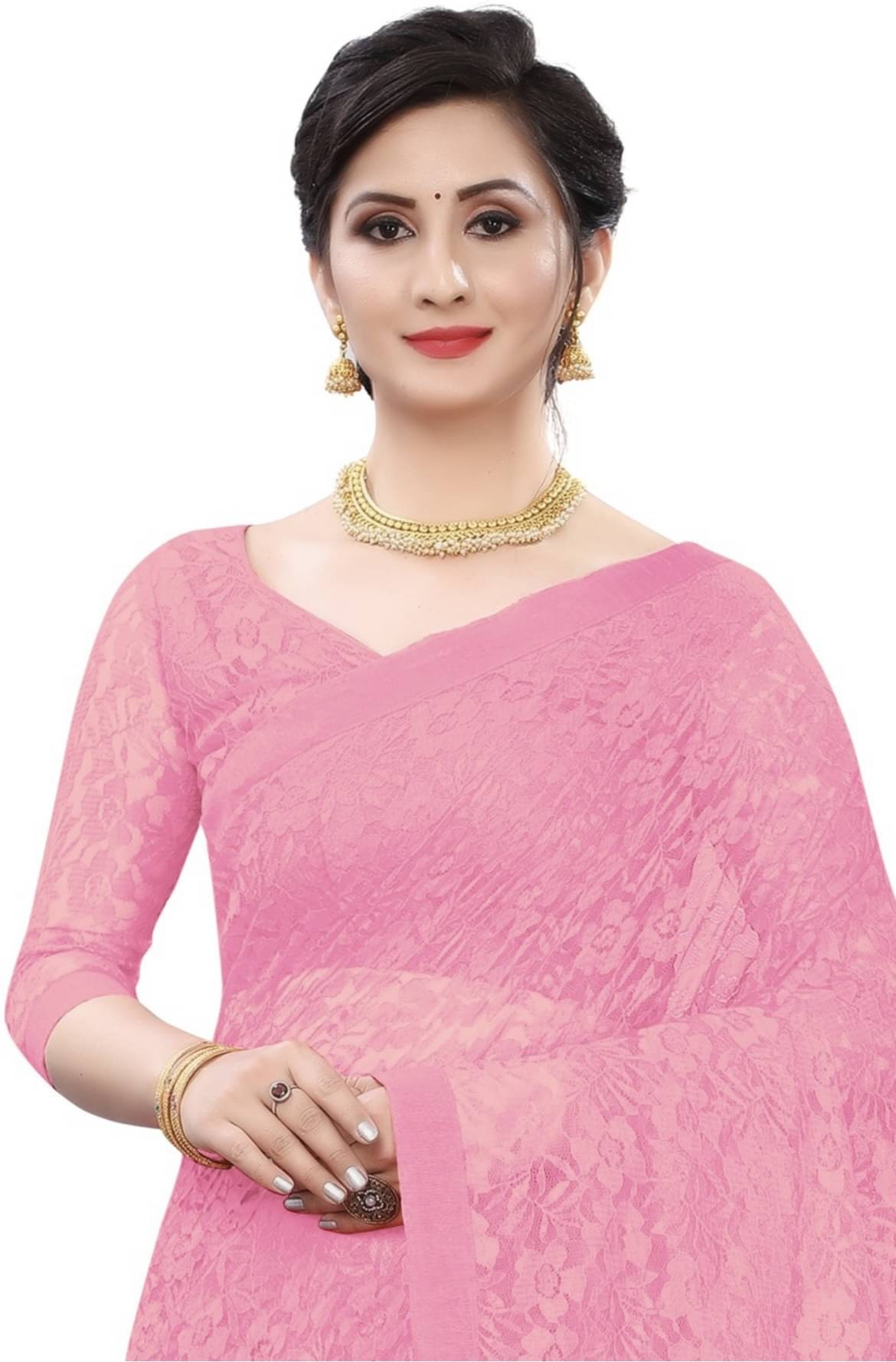 Saadhvi Net Embellished Saree With Unstitched Blouse Piece ( Pink ) Saadhvi Net Embellished Saree With Unstitched Blouse Piece ( Pink )