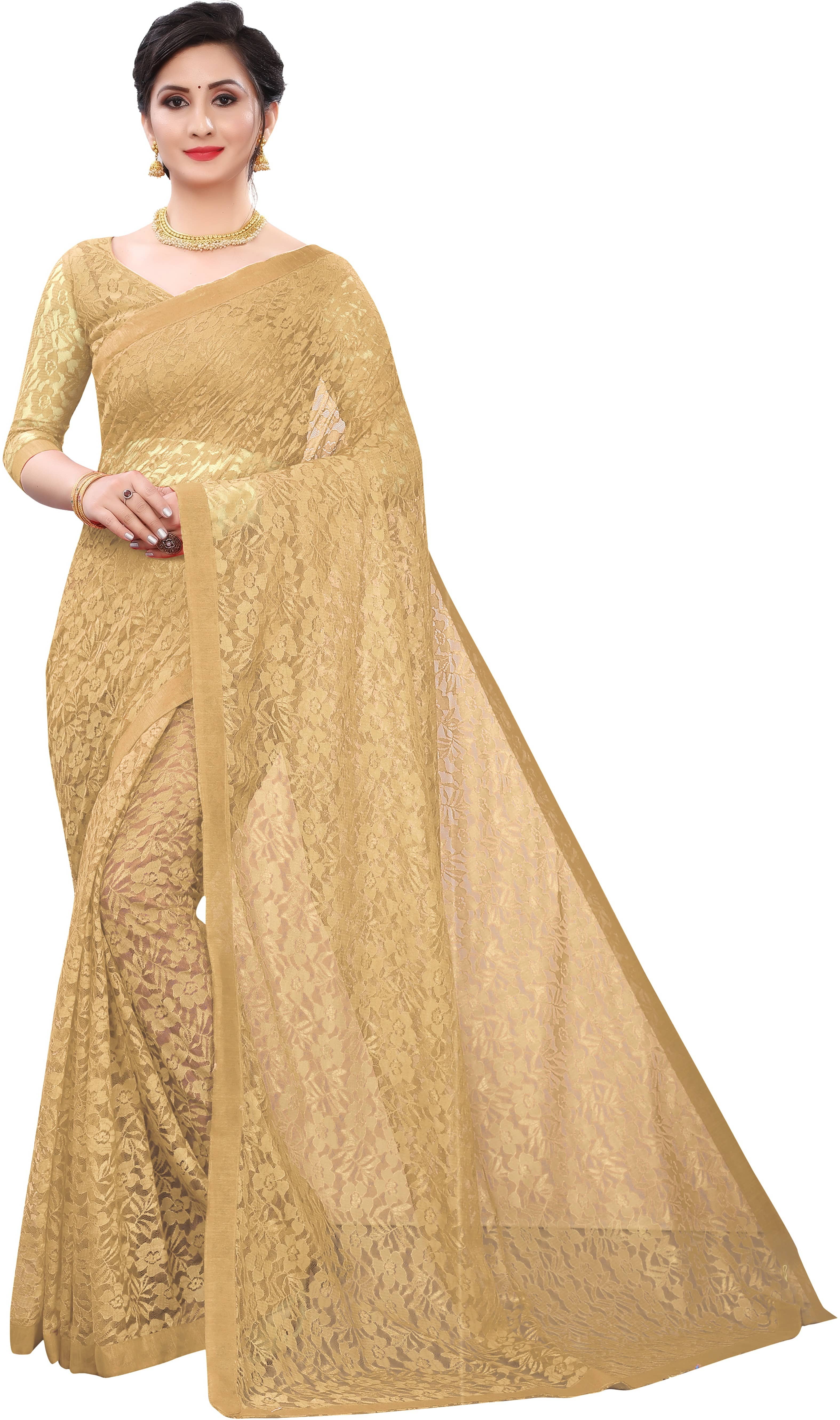 Saadhvi Net Embroidered Saree With Unstitched Blouse Piece ( Brown ) - Sarees | Buy online on ZillyBuy