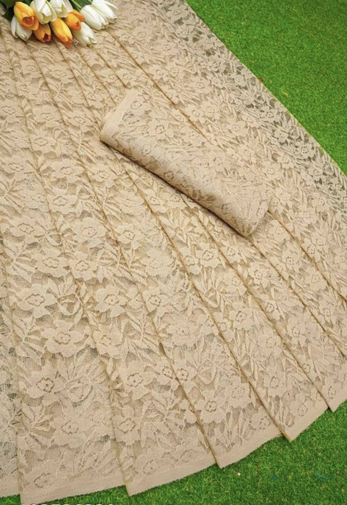 Saadhvi Net Self Design Saree With Unstitched Blouse Piece ( Beige ) - Sarees | Buy online on ZillyBuy
