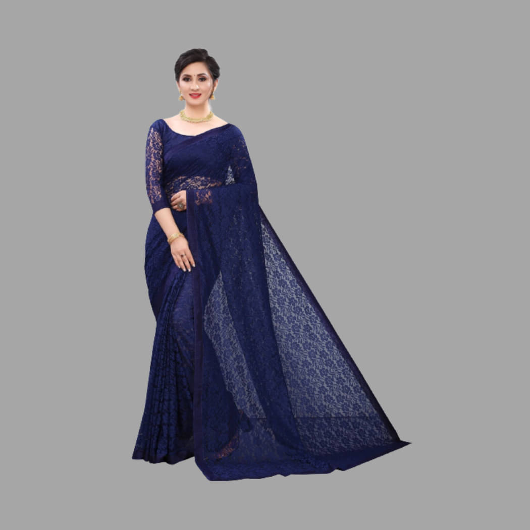 Saadhvi Net Solid Saree With Unstitched Blouse Piece ( Navy Blue ) Saadhvi Net Solid Saree With Unstitched Blouse Piece ( Navy Blue )