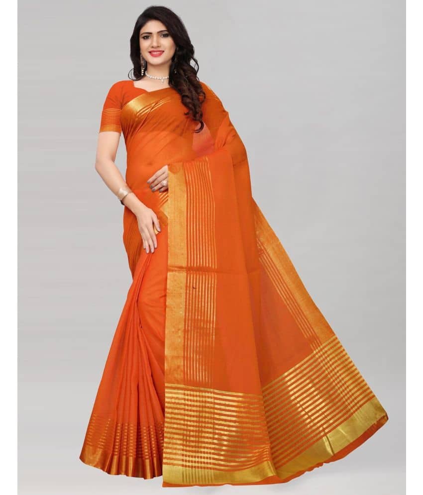 Sadhvi Cotton Silk Striped Saree With Unstitched Blouse Piece ( Orange ) - Sarees | Buy online on ZillyBuy