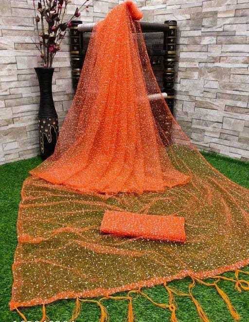 Sadhvi Net Printed Saree With Unstitched Blouse Piece ( Orange ) Sadhvi Net Printed Saree With Unstitched Blouse Piece ( Orange )