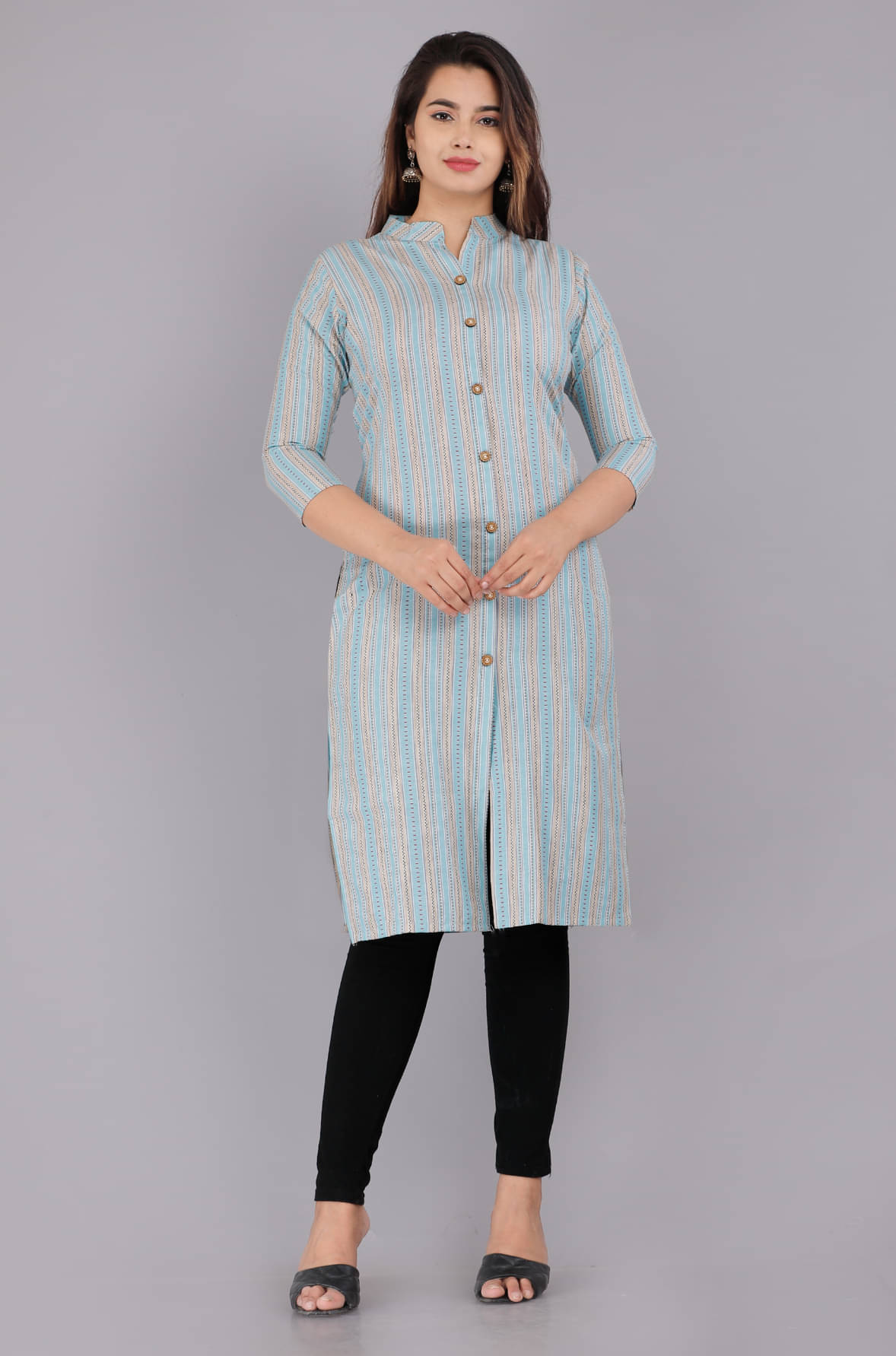     			Vashineh Cotton Striped Front Slit Women's Kurti - Blue ( Pack of 1 )