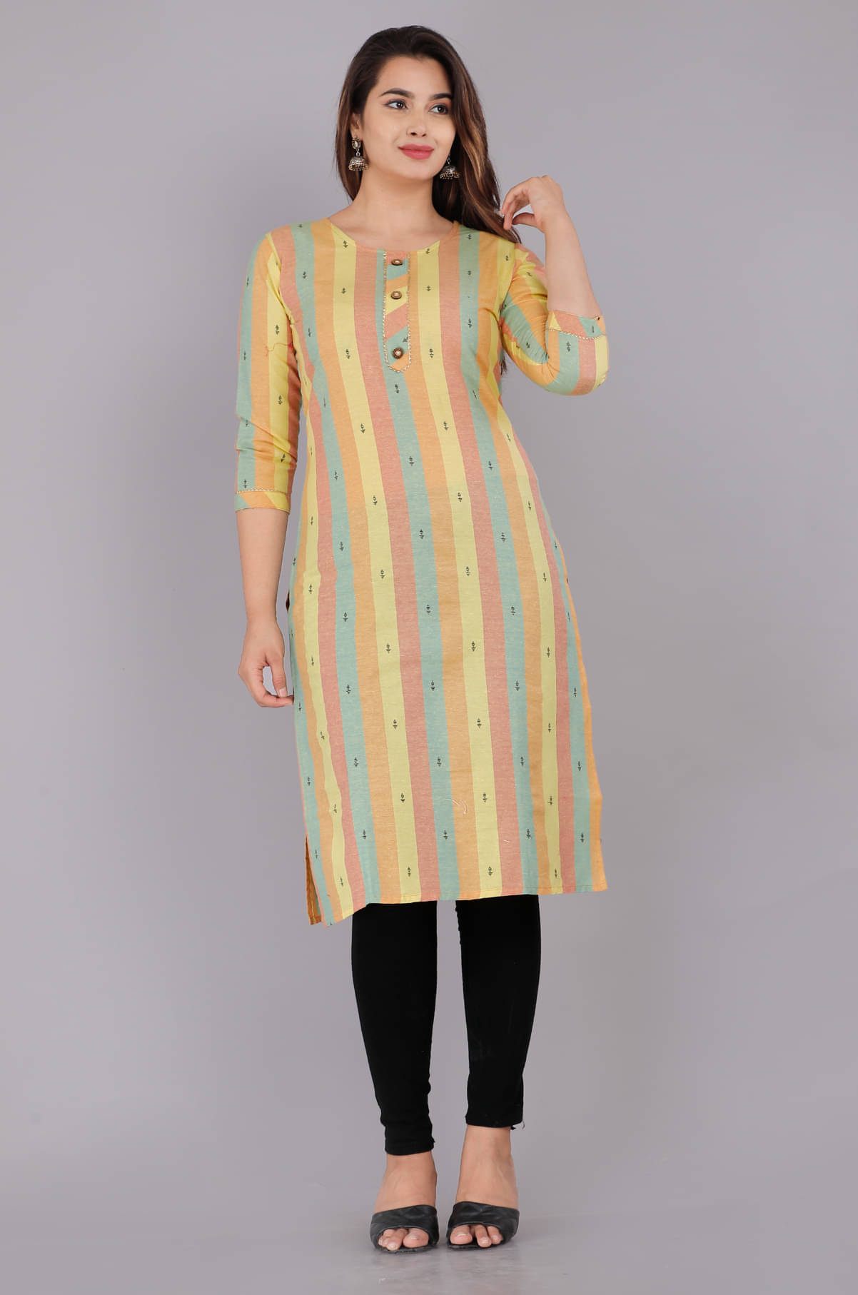     			Vashineh Cotton Striped Straight Women's Kurti - Yellow ( Pack of 1 )