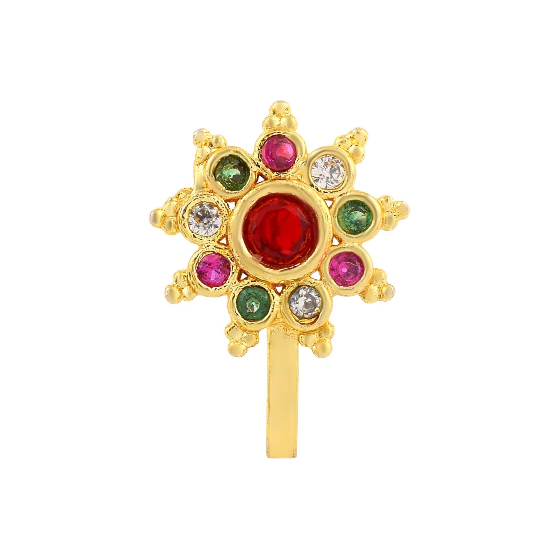     			ADMIER Brass Goldplated CZ studded floral design Marathi Nath Press to wear Mastani Noseclip Nosepin wedding bridal nath jewelry