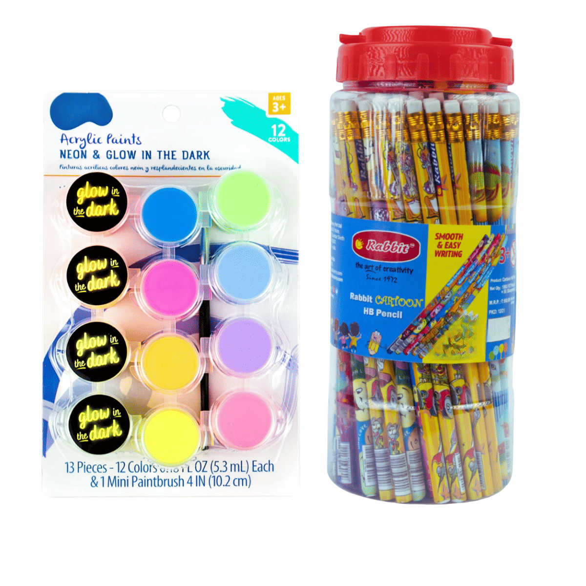     			Artiggle Acrylic Paint 5.3 ml 12 shades, 4 Flow in the dark & 8 Neon shades + Cartoon picture Hb pencil Super Fun Pencils for Kids, Extra Dark Pencils (Pack of 50) Complementary 2 Sharpner free