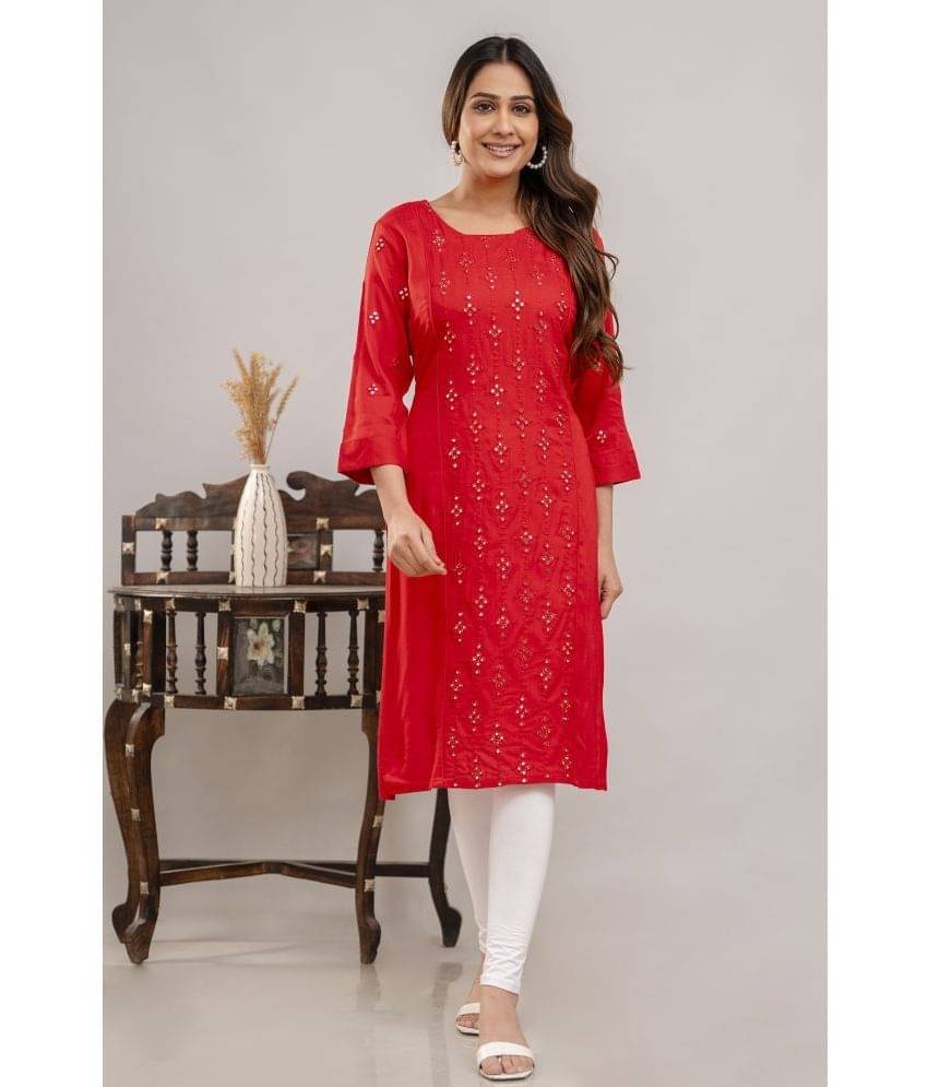     			CHAKKAR Rayon Embroidered Straight Women's Kurti - Red ( Pack of 1 )