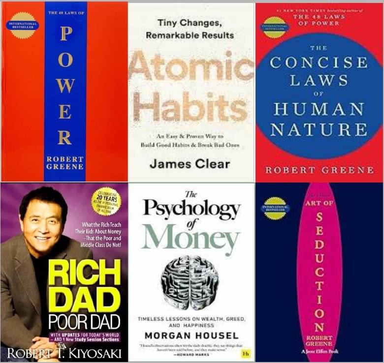     			Concise Art Of Seduction + 48 Laws Of Power + The Concise Laws Of Human Nature + Atomic Habits + The Psychology of Money + Rich Dad Poor Dad
