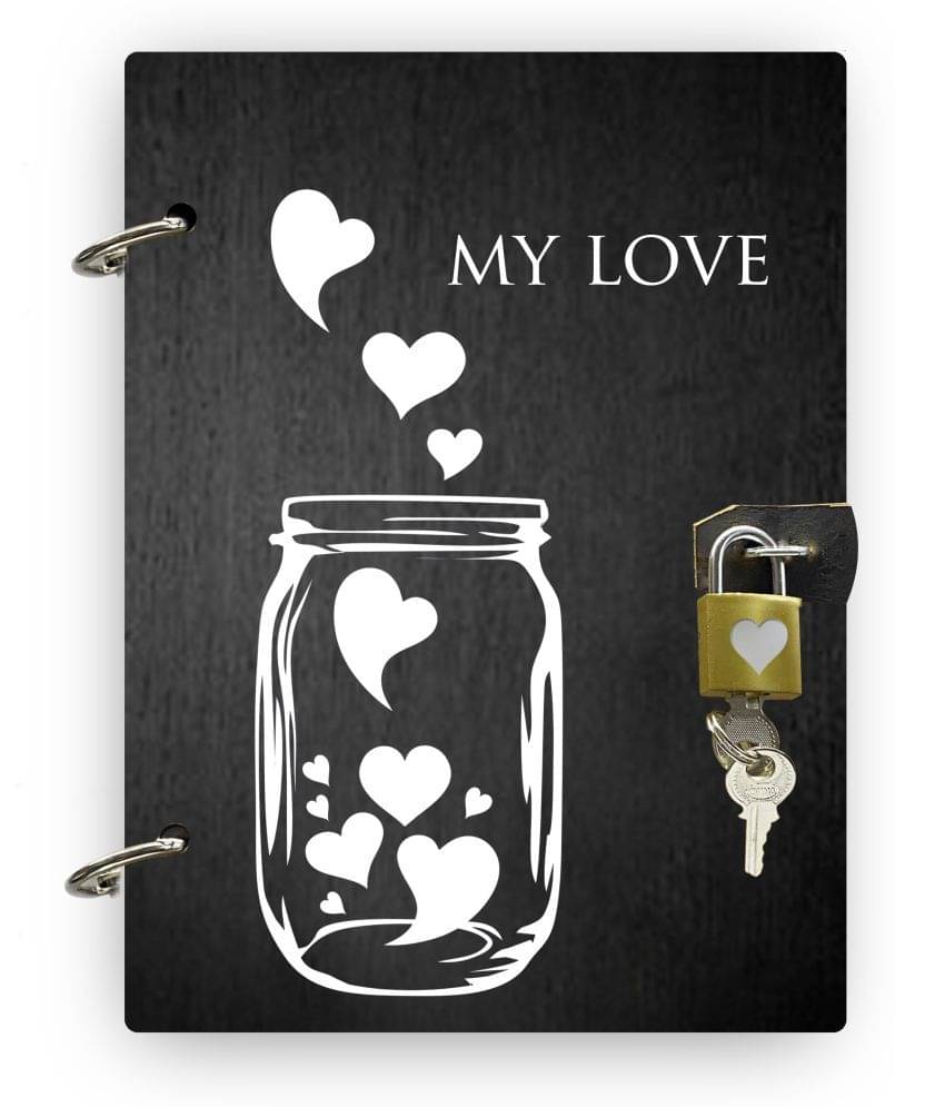     			DI-KRAFT Refillable Hearts in Jar Wooden cover Secret Diary With Lock Handmade and ring lock pattern Diary A5 Diary Unruled 160 Pages (Black)