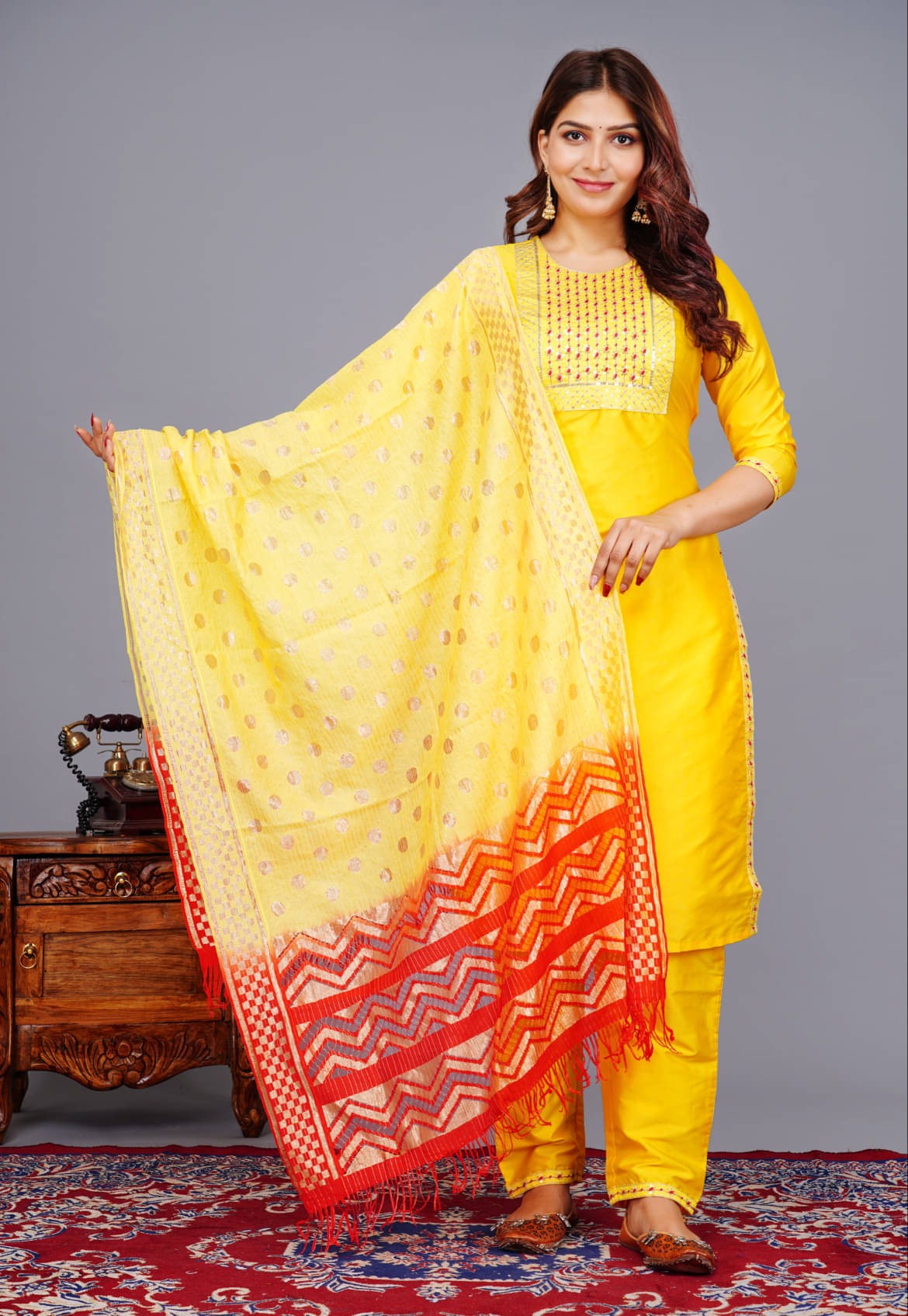     			EXPORTHOUSE Silk Blend Embroidered Kurti With Pants Women's Stitched Salwar Suit - Yellow ( Pack of 1 )