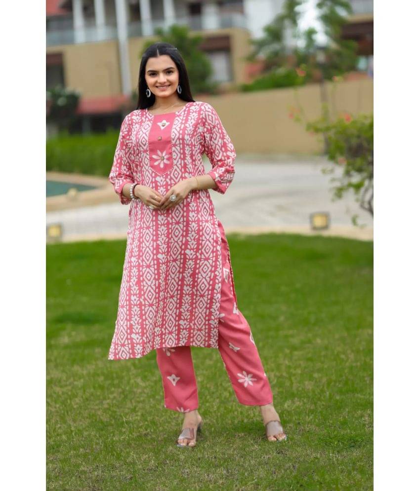 Estela Cotton Printed Kurti With Pants Women's Stitched Salwar Suit - Pink ( Pack of 1 )     			Estela Cotton Printed Kurti With Pants Women's Stitched Salwar Suit - Pink ( Pack of 1 )