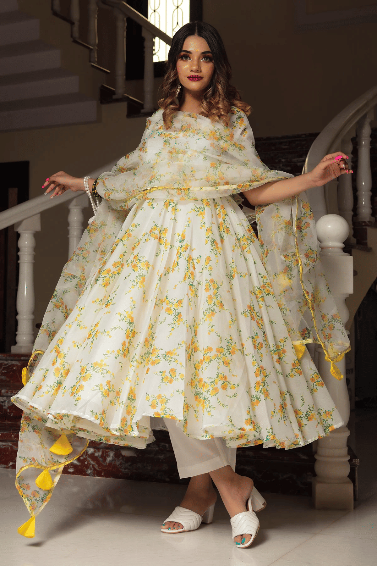     			Estela Organza Printed Kurti With Pants Women's Stitched Salwar Suit - Yellow ( Pack of 1 )