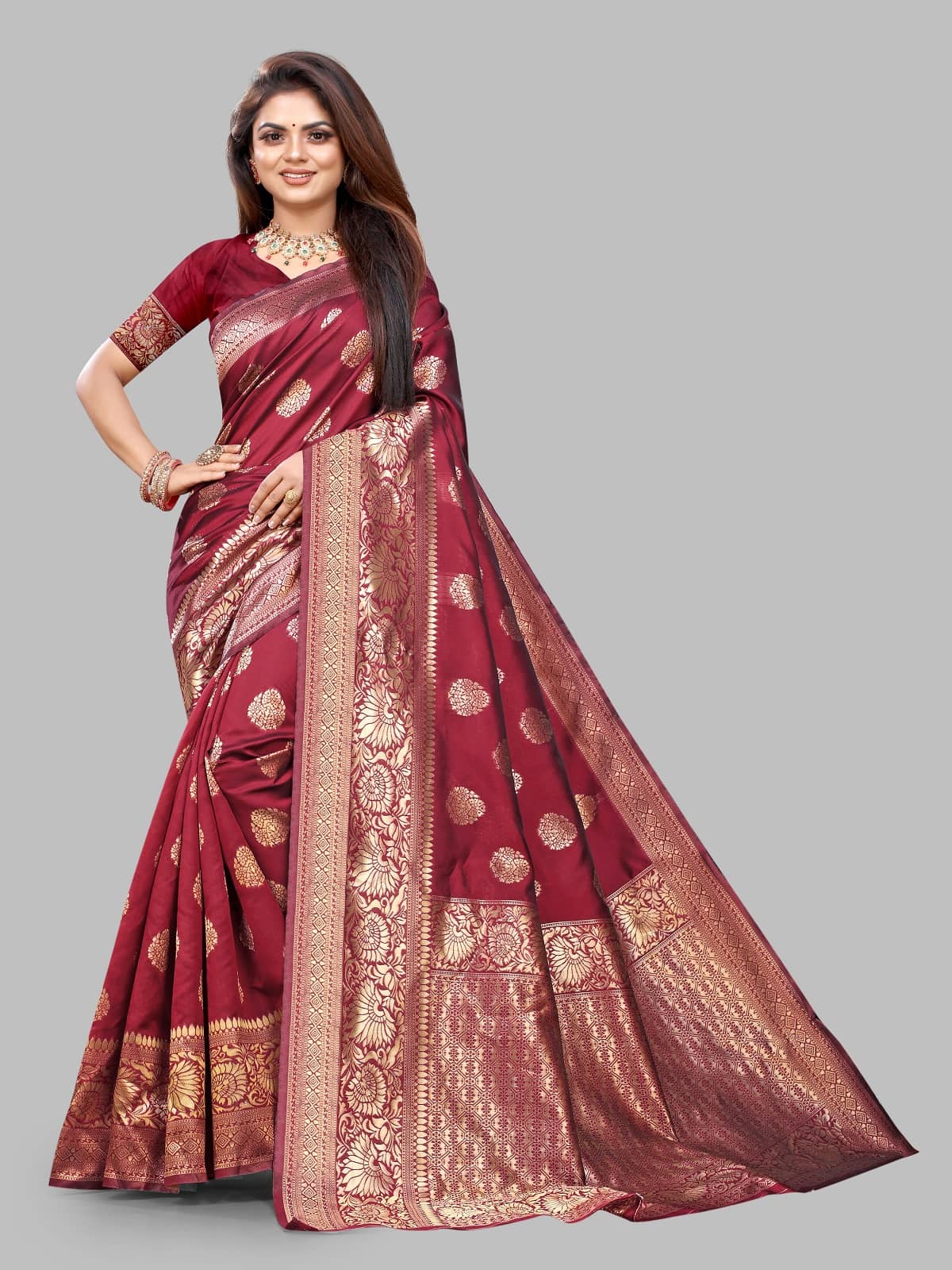 Gazal Fashions Banarasi Silk Embellished Saree With Unstitched Blouse Piece ( Navy Blue ) - Sarees | Buy online on ZillyBuy
