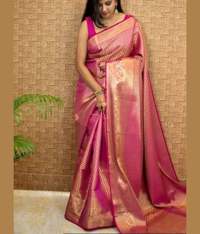 Gazal Fashions Banarasi Silk Embellished Saree With Unstitched Blouse Piece ( Pink ) - Sarees | Buy online on ZillyBuy