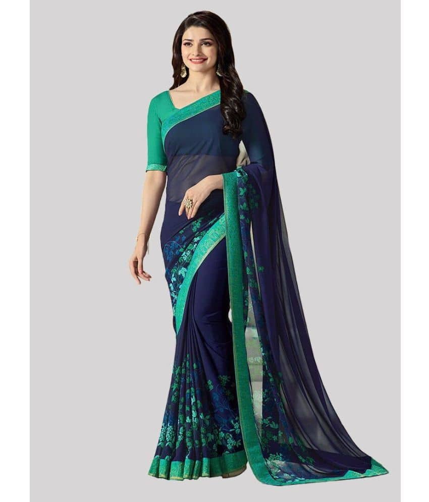 Gazal Fashions Banarasi Silk Printed Saree With Unstitched Blouse Piece ( Blue ) - Sarees | Buy online on ZillyBuy