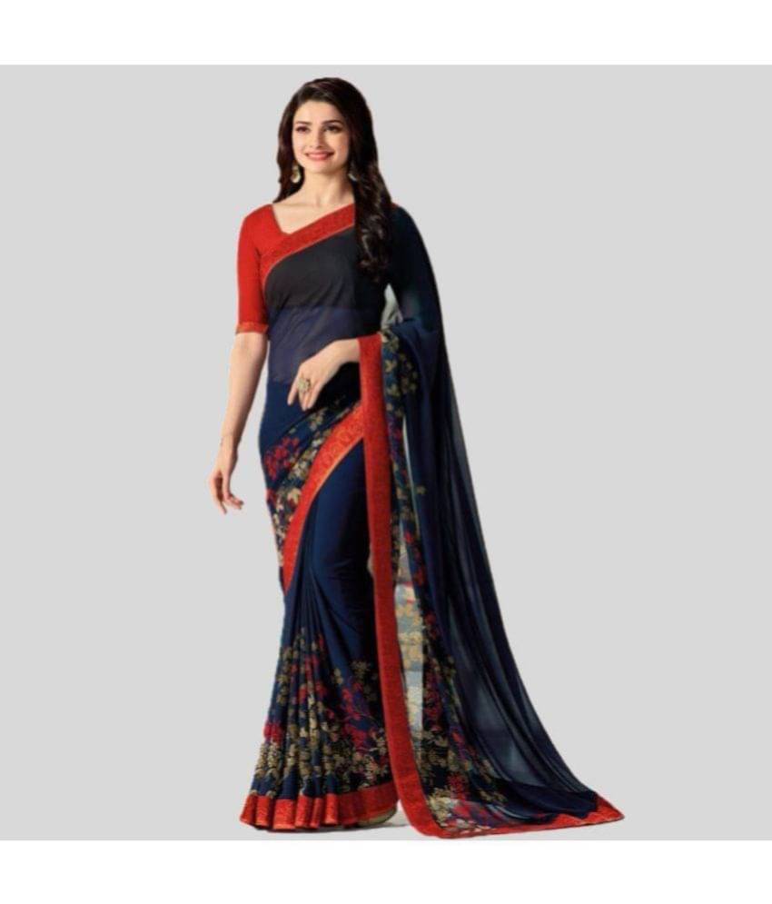     			Gazal Fashions Georgette Printed Saree With Unstitched Blouse Piece ( Navy Blue )
