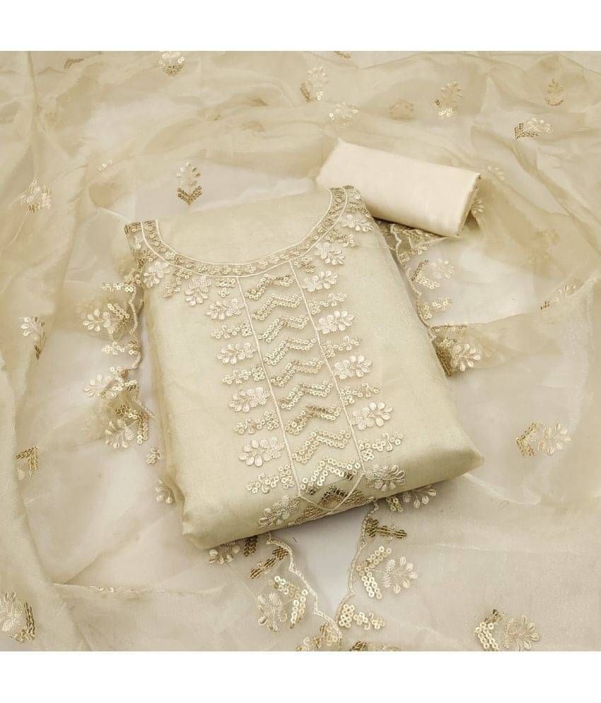     			Gazal Fashions Unstitched Organza Embellished Dress Material - White ( Pack of 1 )