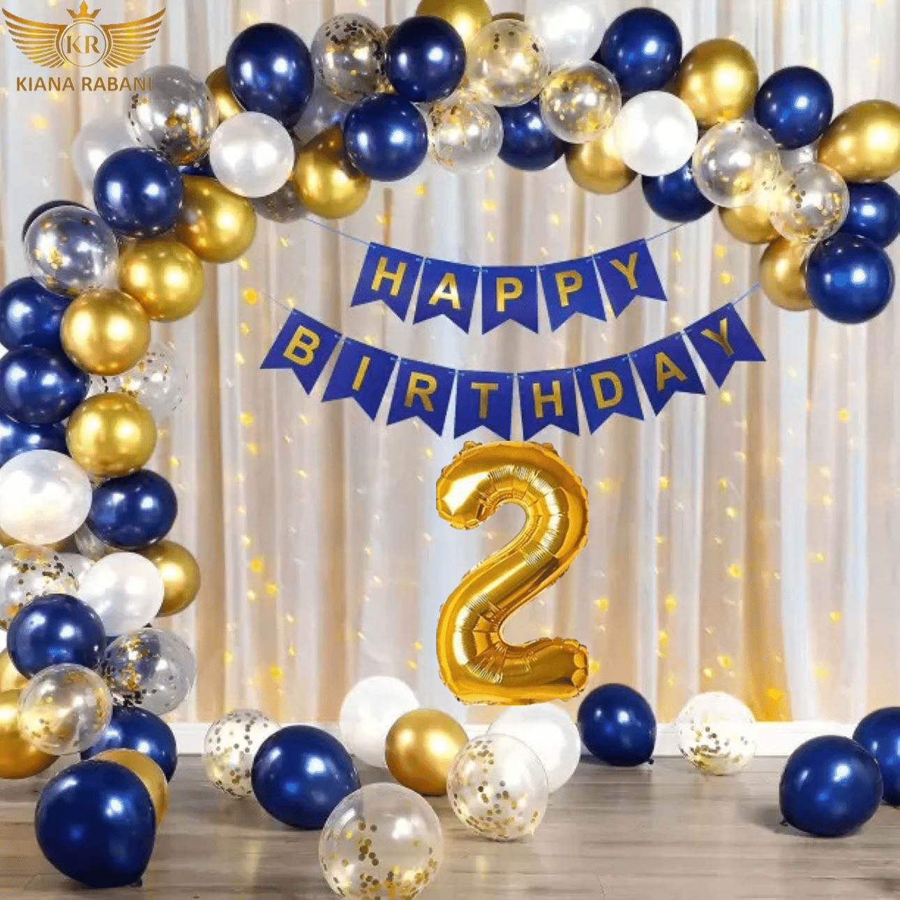     			KR 2ND HAPPY BIRTHDAY PARTY DECORATION WITH HAPPY BIRTHDAY FOIL BALLOON 12 BLUE 12 WHITE 12 GOLD BALLOON 1 NET CURTAIN 1 LIGHT 4 CONFETI 1 ARCH 1 GLUE 1 RIBBON 2NO. GOLD FOIL BALLOON
