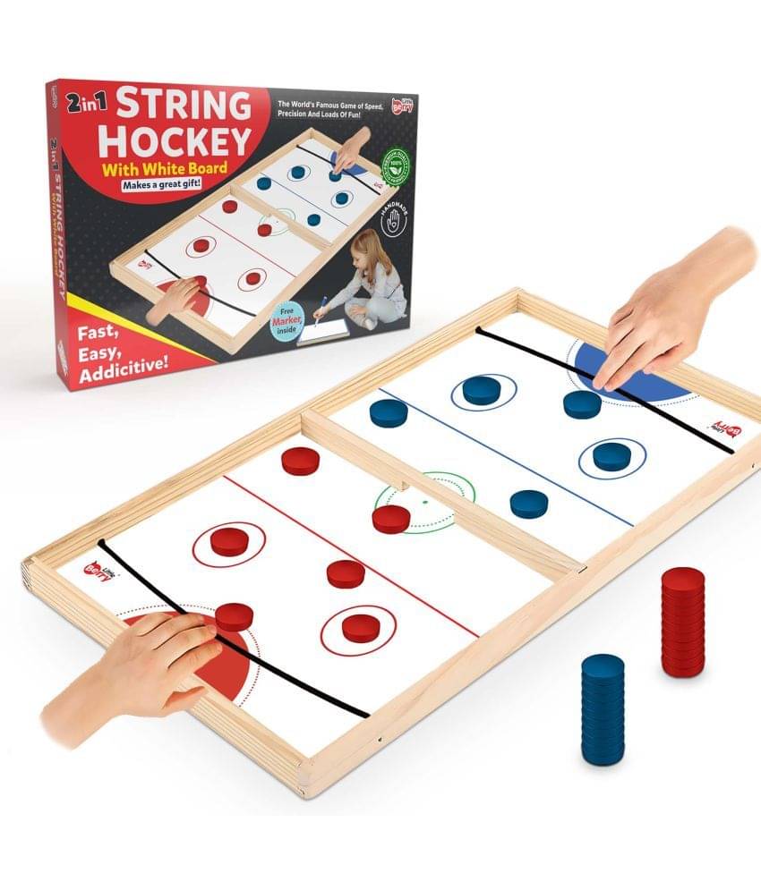     			Little Berry 2 in 1 String Hockey Table Board Games for Adults & Kids | Double-Sided Wooden Fastest Finger First Indoor Game With White Board & Marker | Sling Puck Board Hockey Toy Big Size (16"x24")
