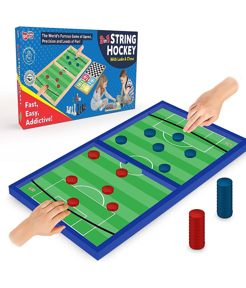 Little Berry 3 in 1 String Hockey Table Board Games for Adults & Kids | Double-Sided Wooden Fastest Finger First Indoor Game With Ludo & Chess | Sling Puck Board Hockey Toy Big Size (12" x 24") - Toys and Games | Buy online on ZillyBuy