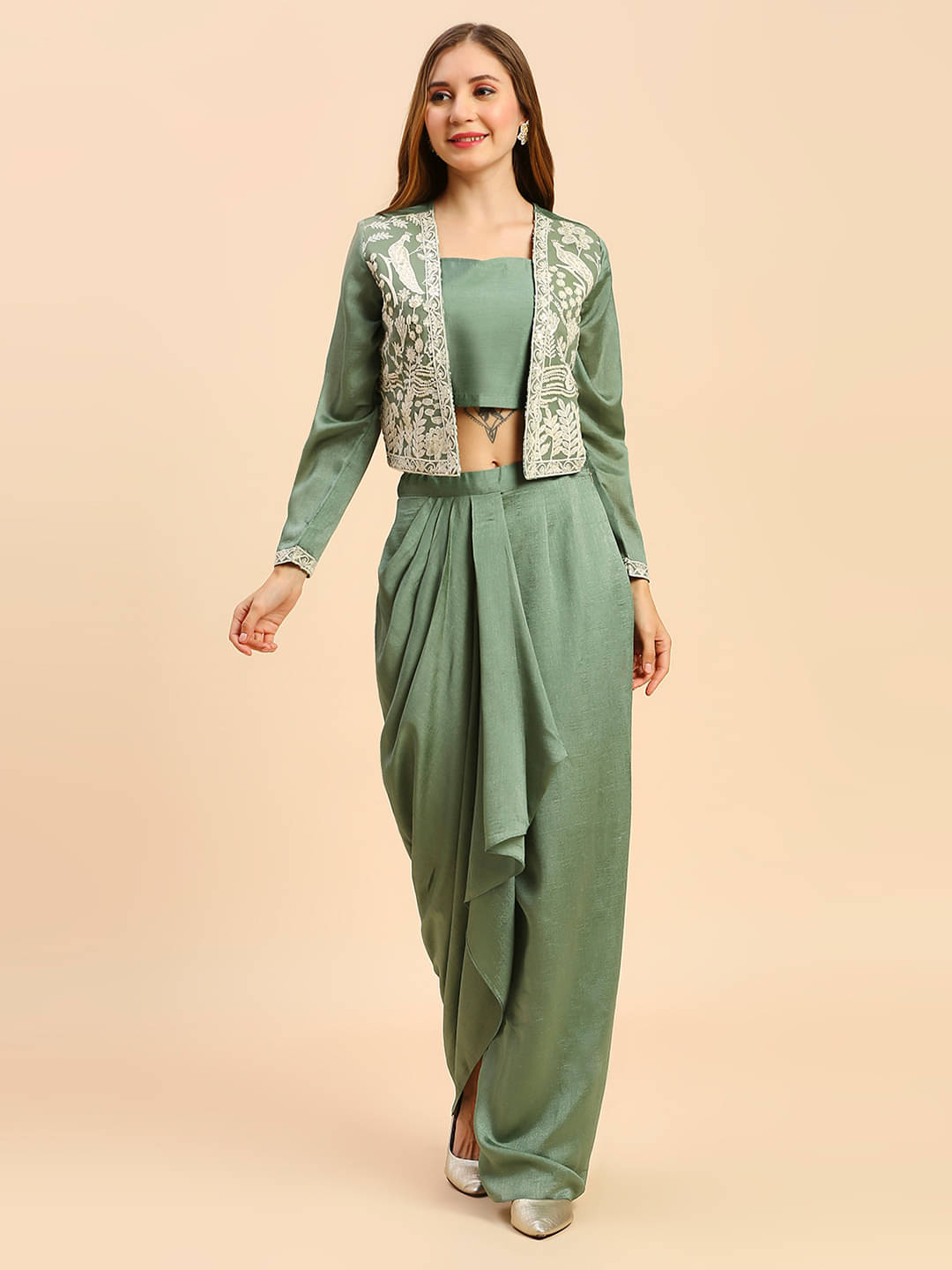     			Madhuram Textiles Green Silk A-line Stitched Lehenga