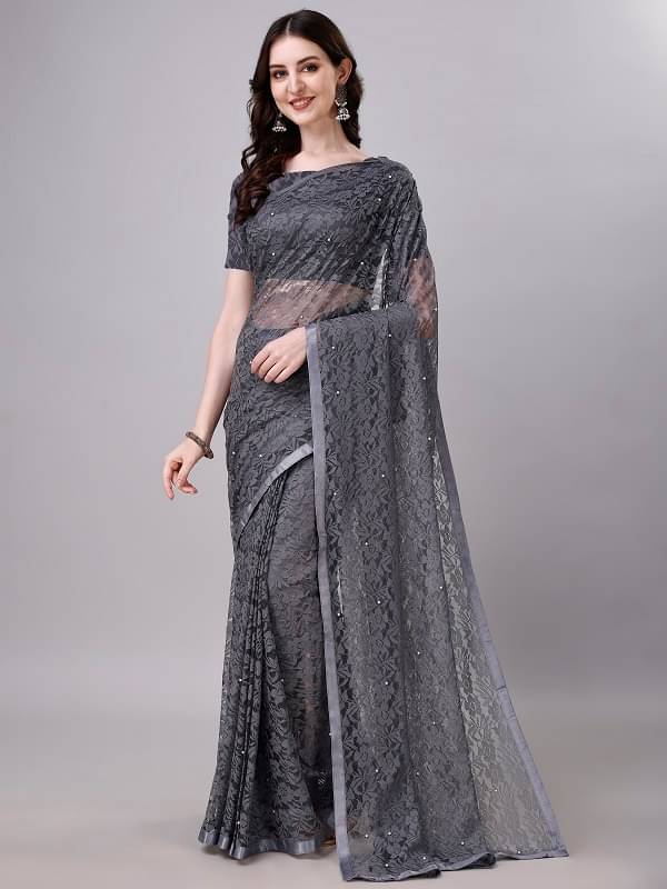     			VERVIZA Net Embroidered Saree With Unstitched Blouse Piece ( Grey )