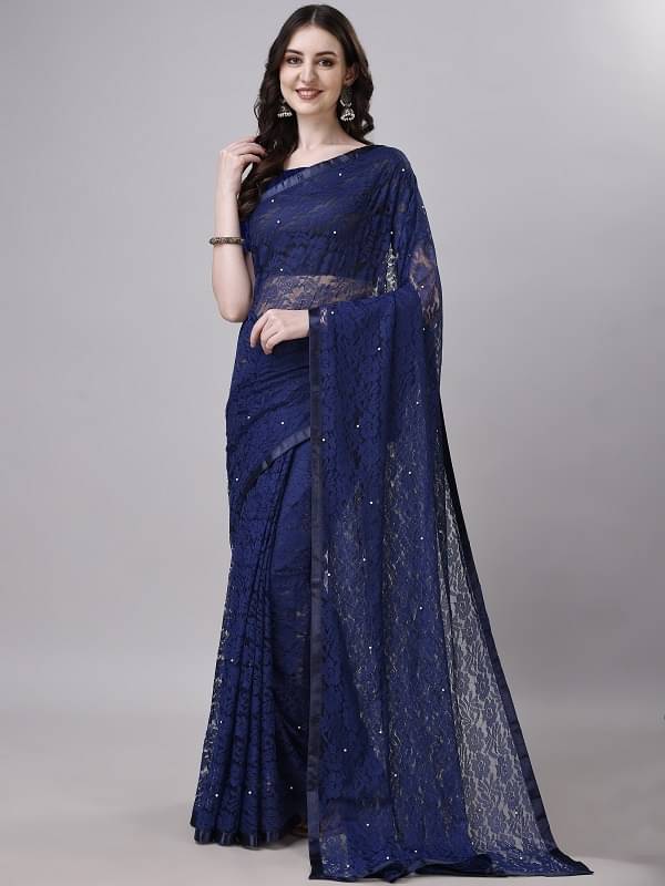     			VERVIZA Net Embroidered Saree With Unstitched Blouse Piece ( Navy Blue )