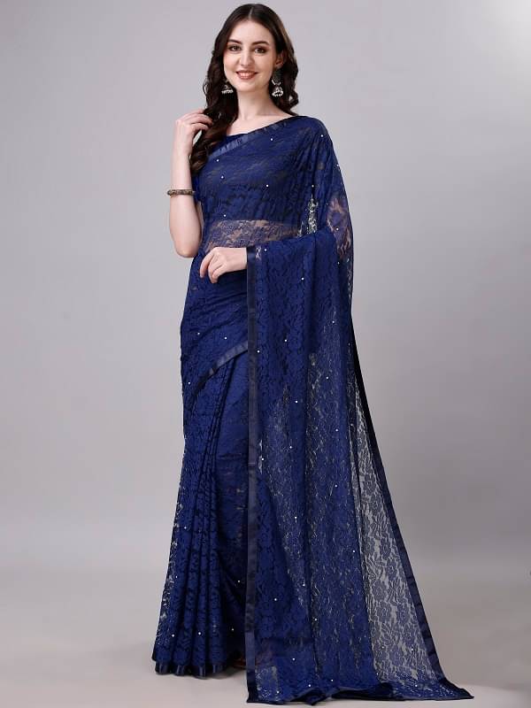     			VERVIZA Net Embroidered Saree With Unstitched Blouse Piece ( Blue )