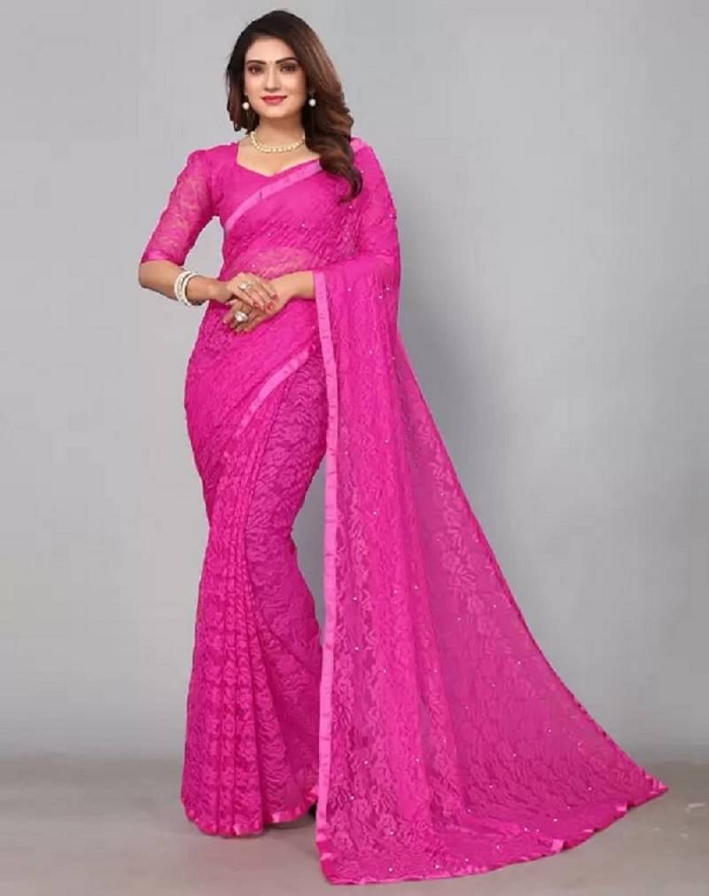     			VERVIZA Net Embroidered Saree With Unstitched Blouse Piece ( Rani )