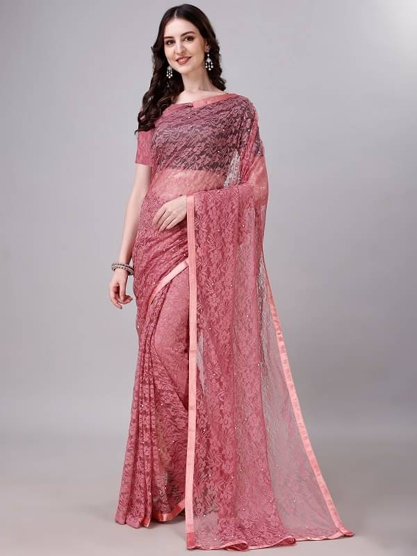     			VERVIZA Net Embroidered Saree With Unstitched Blouse Piece ( Brown )