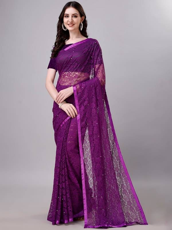     			VERVIZA Net Embroidered Saree With Unstitched Blouse Piece ( Purple )