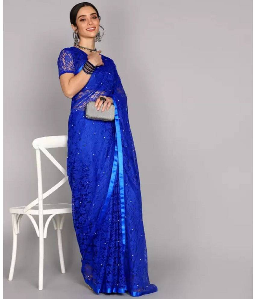 VERVIZA Net Embroidered Saree Without Blouse Piece ( Blue ) VERVIZA Net Embroidered Saree Without Blouse Piece ( Blue )