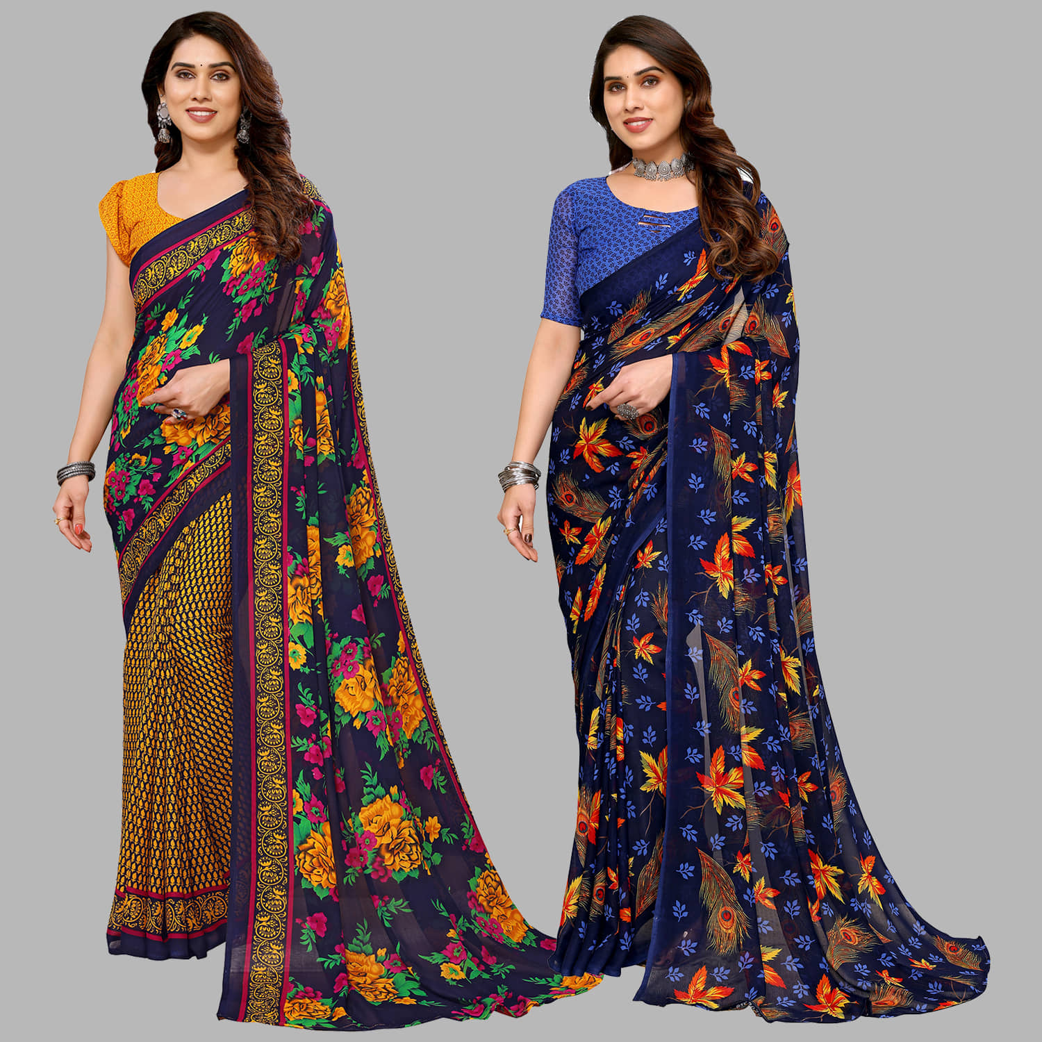 ANAND SAREES Georgette Printed Saree With Unstitched Blouse Piece ( Multicolor ) - Sarees | Buy online on ZillyBuy