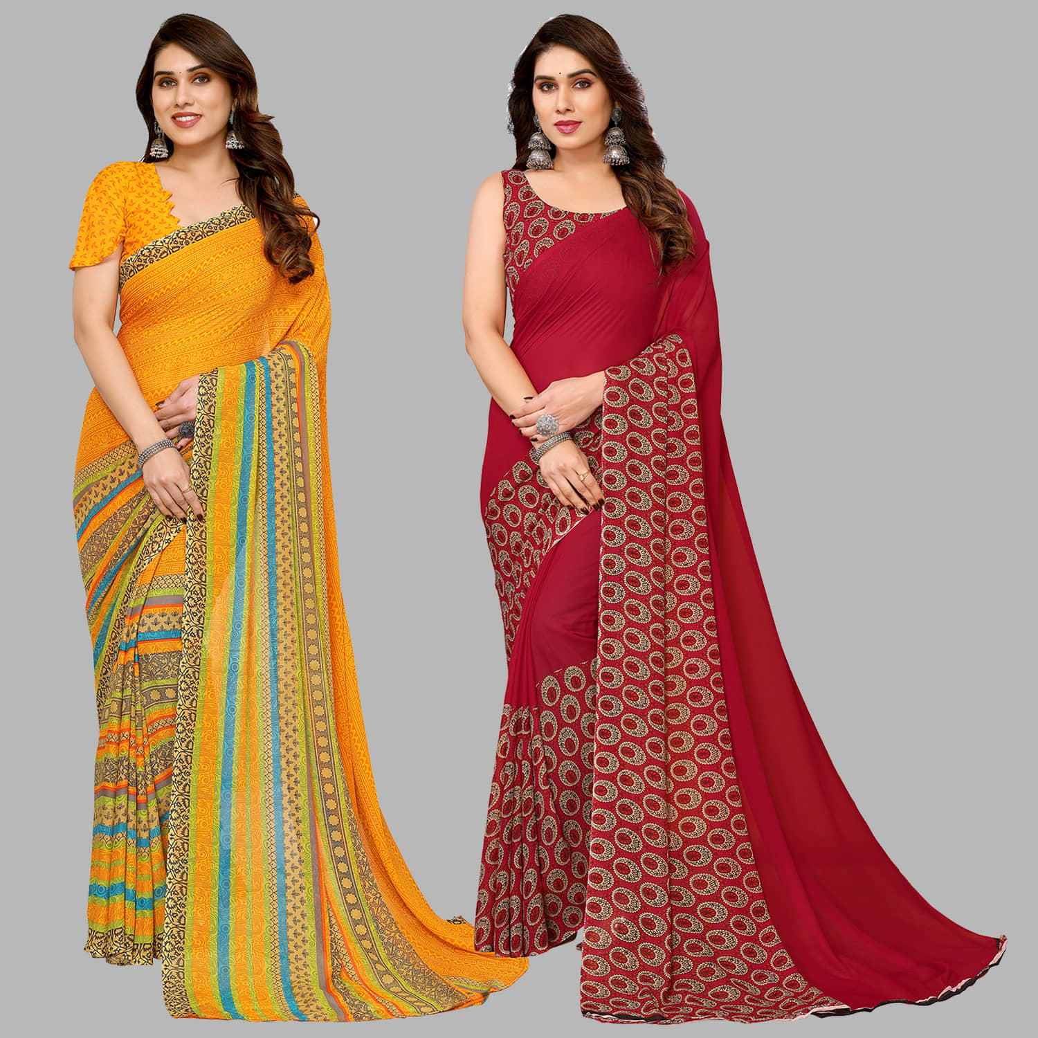 Kashvi Sarees Georgette Printed Saree With Unstitched Blouse Piece ( Multicolor ) - Sarees | Buy online on ZillyBuy