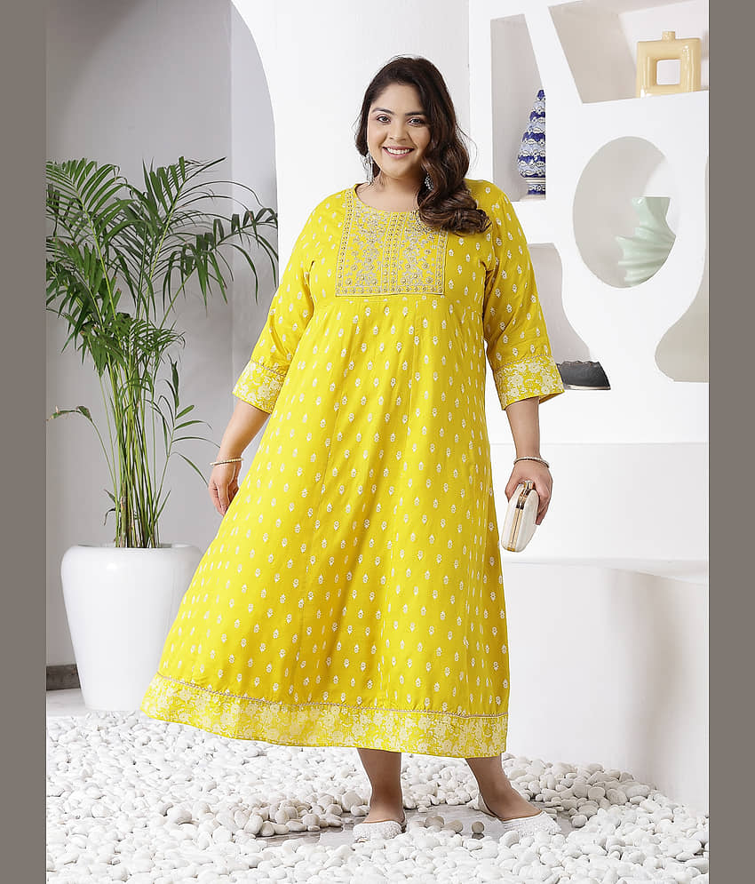 Little More By Stylum Rayon Embroidered Anarkali Women's Kurti - Mustard ( Pack of 1 ) - Kurtis, Tunics | Buy online on ZillyBuy