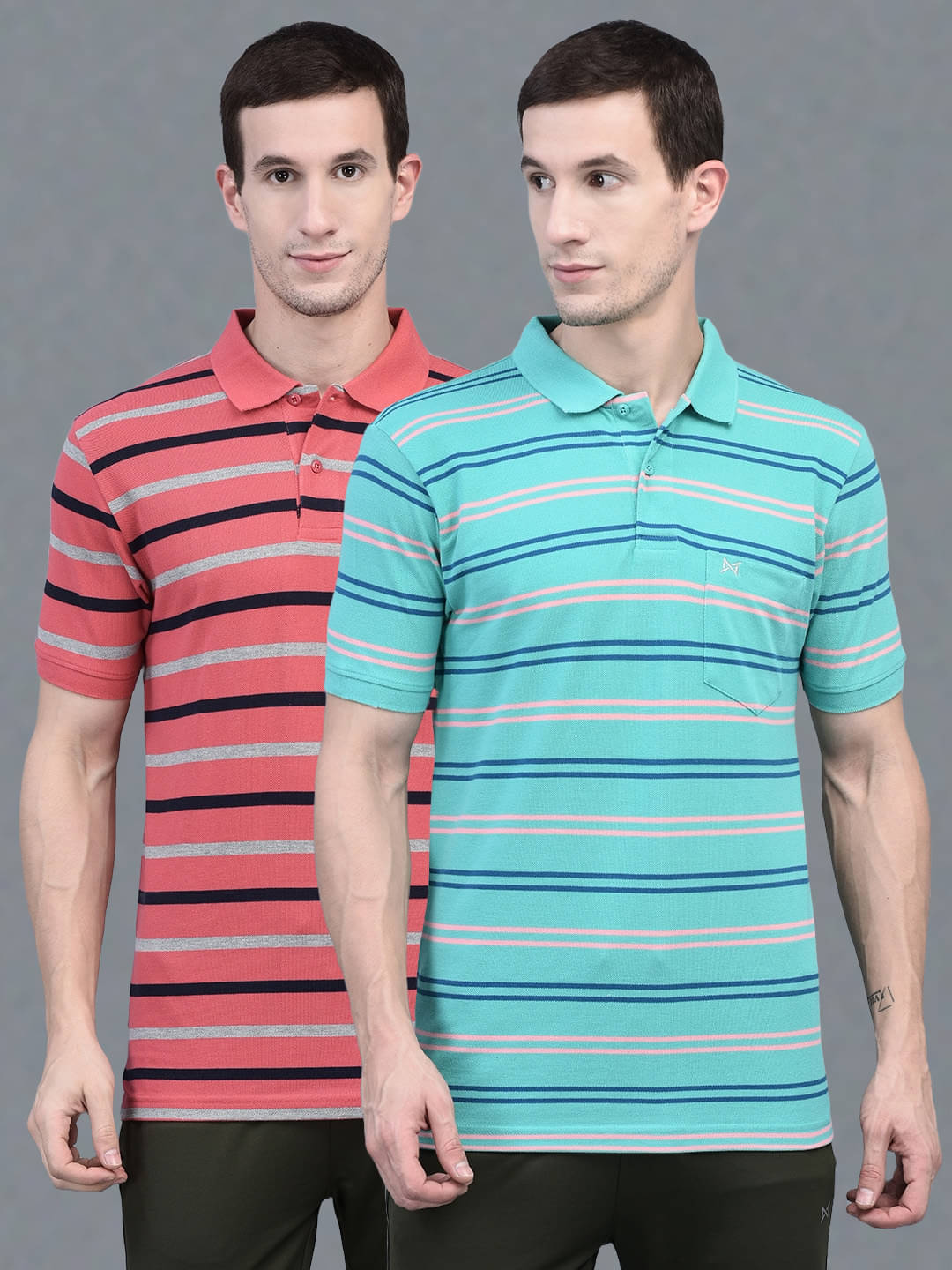 Force NXT Pack of 2 Cotton Regular Fit Striped Half Sleeves Men's Polo T Shirt ( Multicolor ) Force NXT Pack of 2 Cotton Regular Fit Striped Half Sleeves Men's Polo T Shirt ( Multicolor )