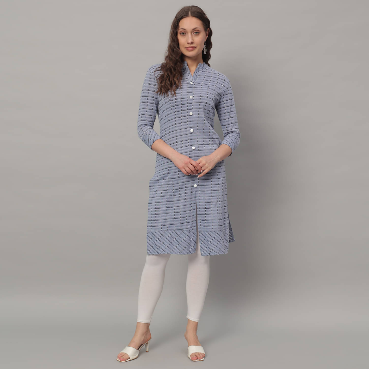 Glito Cotton Blend Checks Front Slit Women's Kurti - Light Blue ( Pack of 1 ) Glito Cotton Blend Checks Front Slit Women's Kurti - Light Blue ( Pack of 1 )