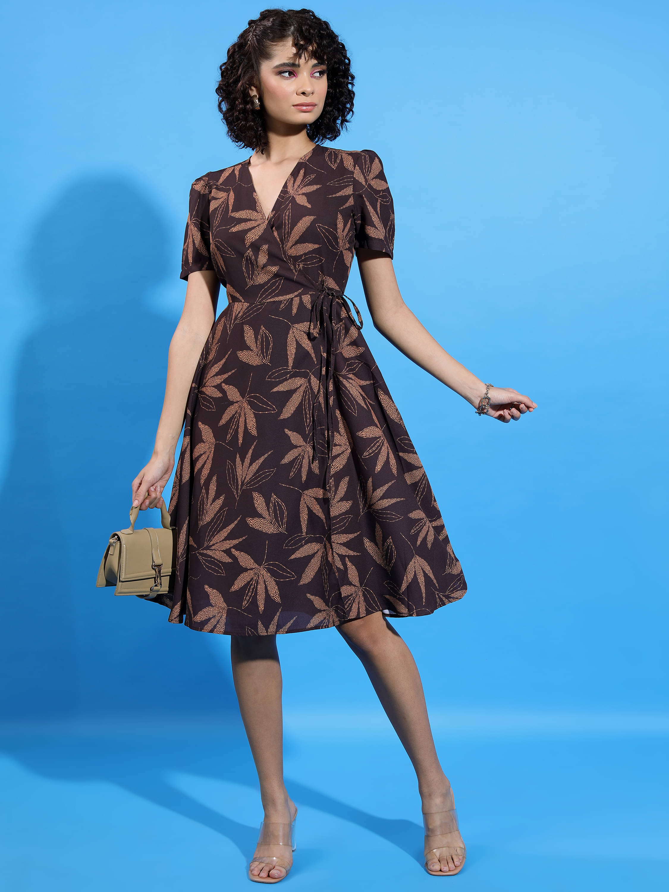     			Ketch Polyester Printed Knee Length Women's Wrap Dress - Brown ( Pack of 1 )