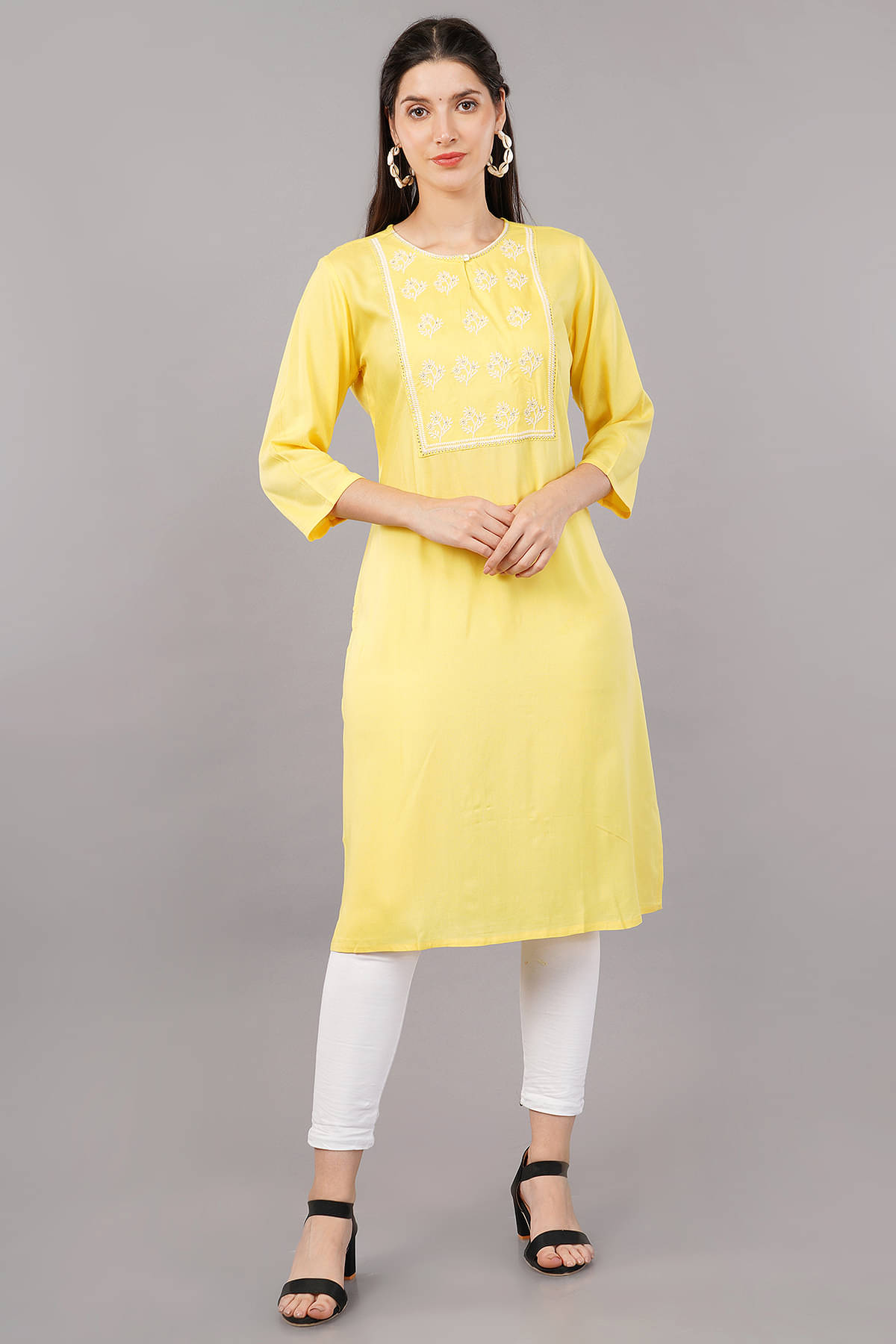     			Shruthi Viscose Embroidered Straight Women's Kurti - Yellow ( Pack of 1 )