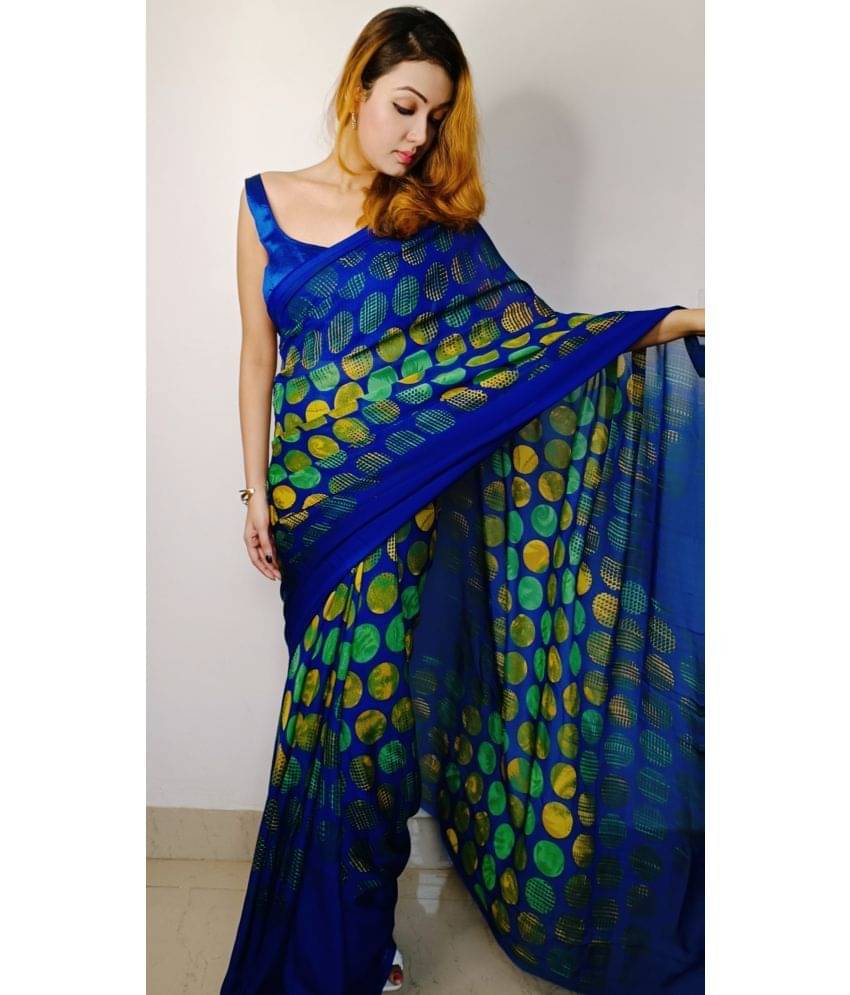 ANAND SAREES Georgette Printed Saree With Unstitched Blouse Piece ( Blue ) ANAND SAREES Georgette Printed Saree With Unstitched Blouse Piece ( Blue )