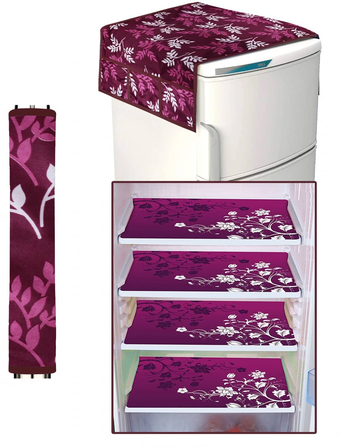 Crosmo Polyester Floral Fridge Mat & Cover ( 64 18 ) Pack of 6 - Purple