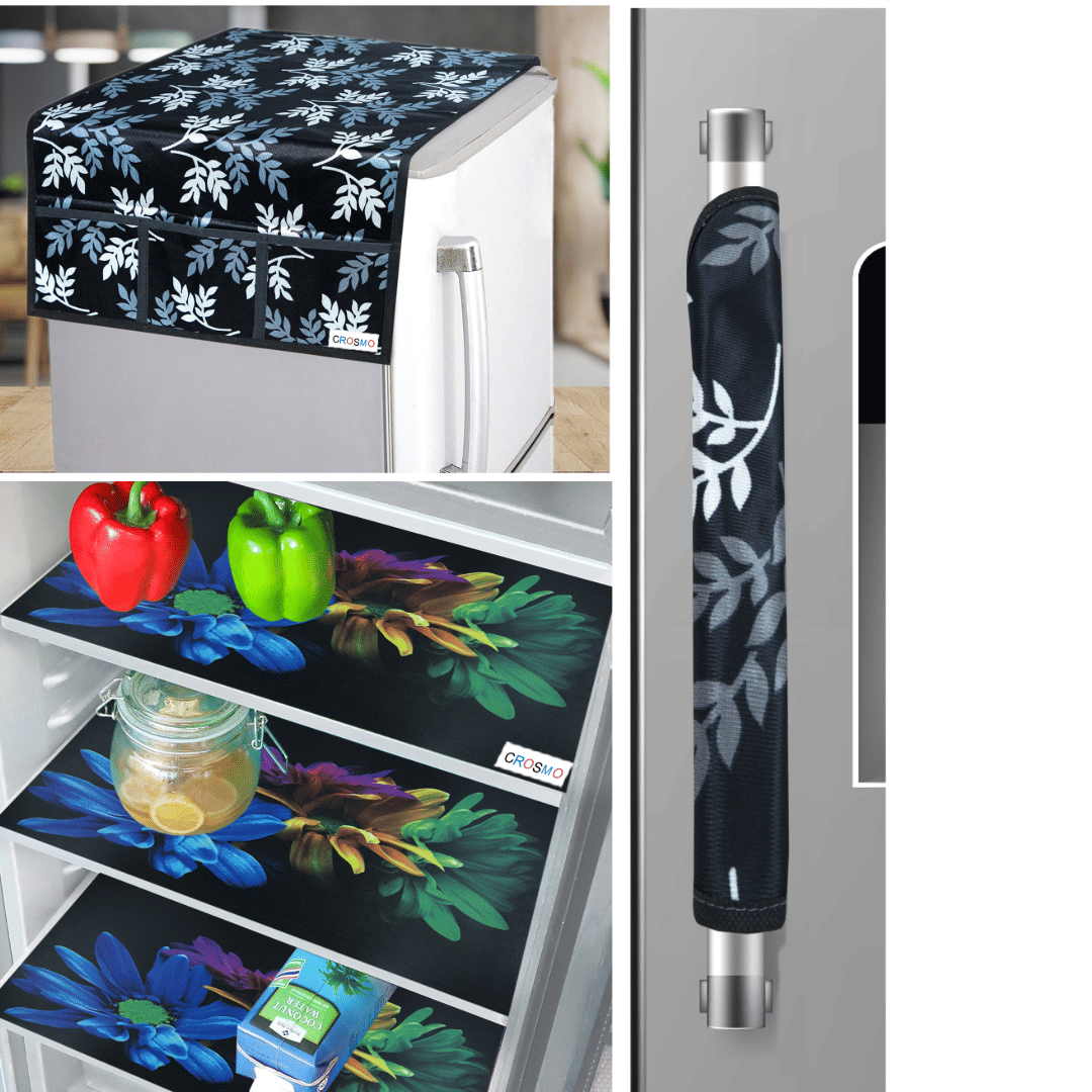 Crosmo Polyester Floral Printed Fridge Mat & Cover ( 64 18 ) Pack of 5 - Black