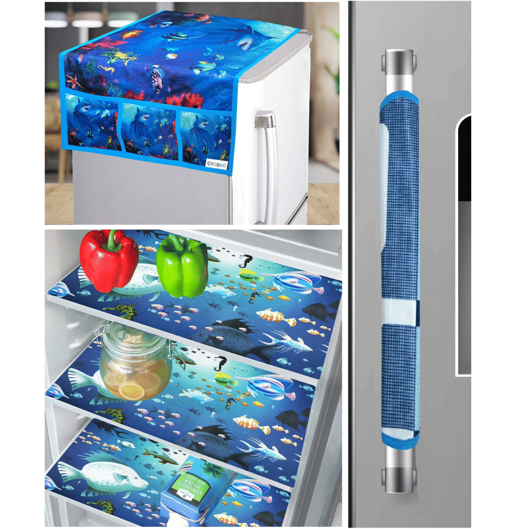     			Crosmo Polyester Graphic Fridge Mat & Cover ( 64 18 ) Pack of 5 - Blue