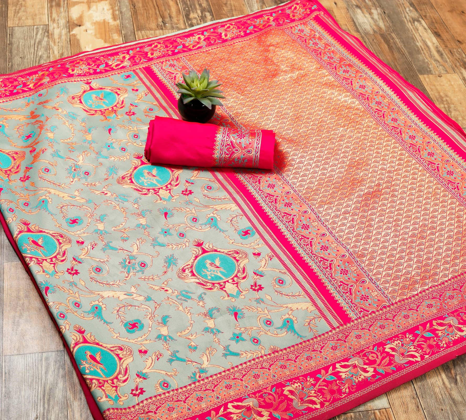 Gazal Fashions Banarasi Silk Embellished Saree With Unstitched Blouse Piece ( Rama ) - Sarees | Buy online on ZillyBuy