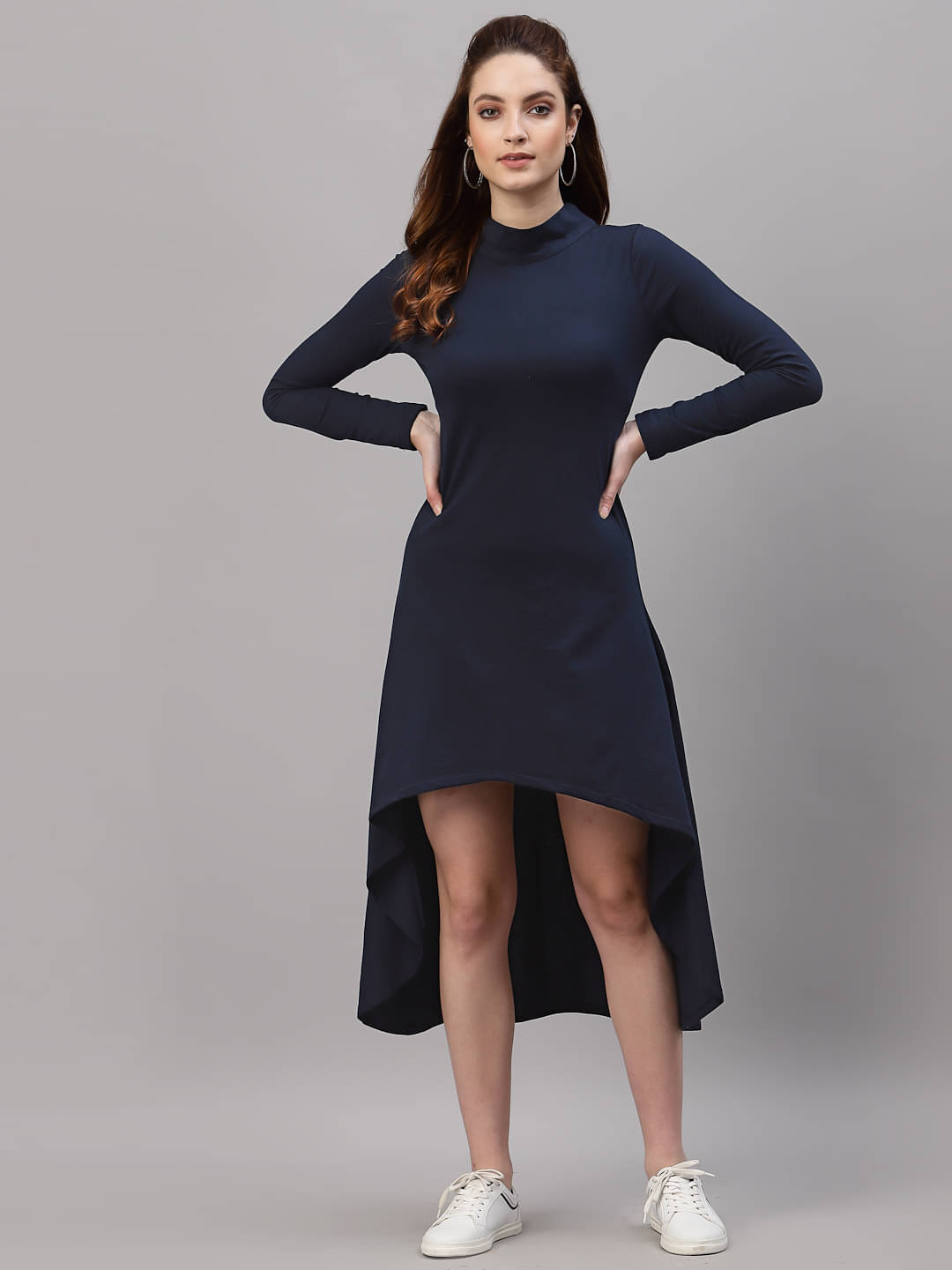     			Rigo Women Cotton Solid Asymmetric Dress ( Navy )