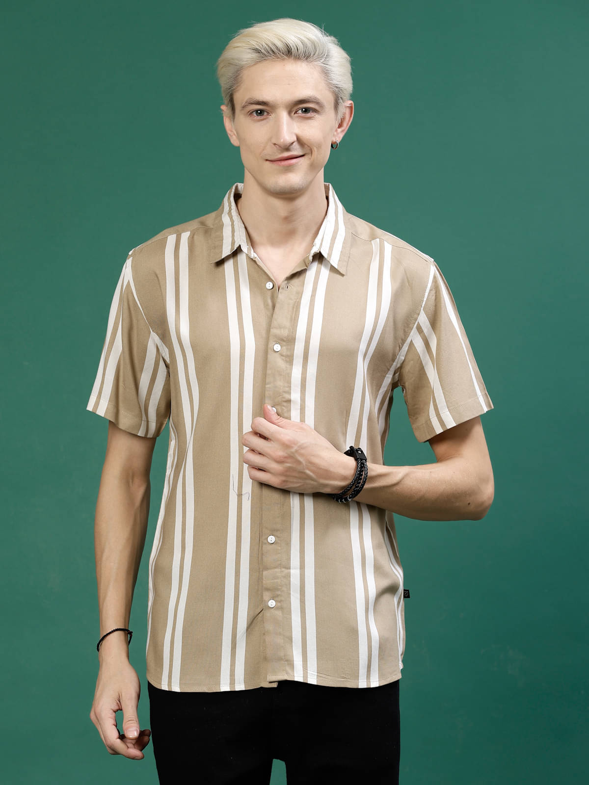     			Rigo Rayon Slim Fit Striped Half Sleeves Men's Casual Shirt - Khaki ( Pack of 1 )