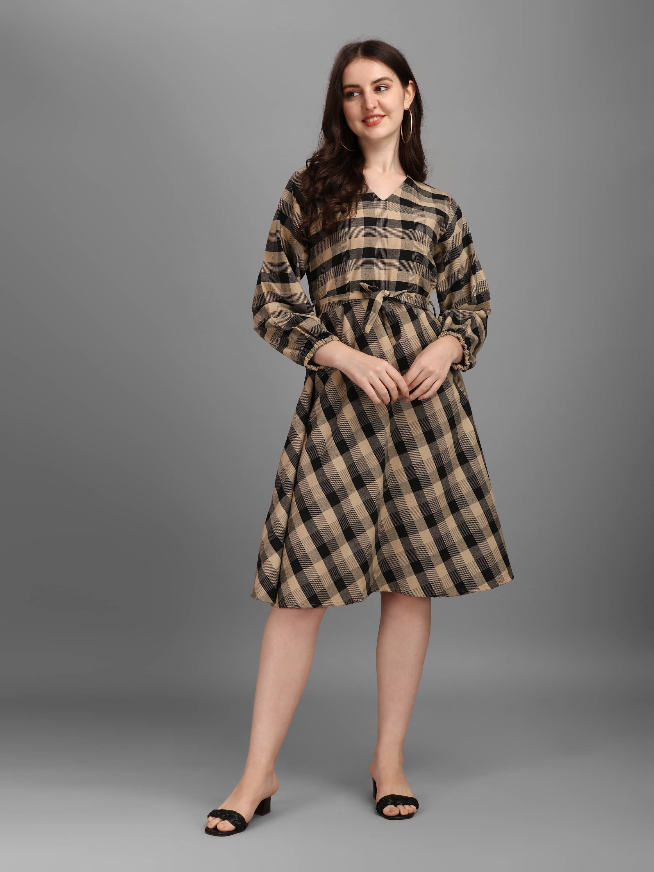     			gufrina Cotton Blend Checks Knee Length Women's Fit & Flare Dress - Black ( Pack of 1 )