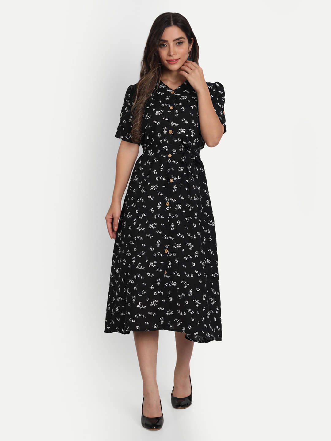     			gufrina Women Cotton Blend Printed Fit & Flare Dress ( Black )