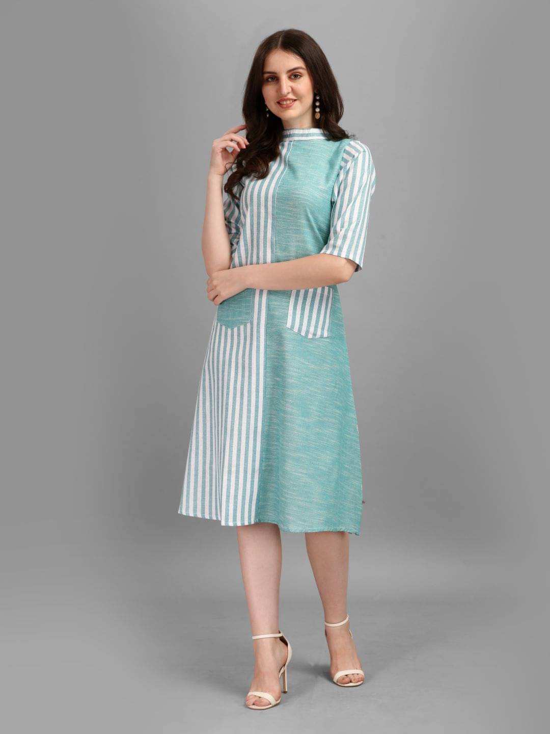     			gufrina Cotton Blend Striped Midi Women's Fit & Flare Dress - Sea Green ( Pack of 1 )